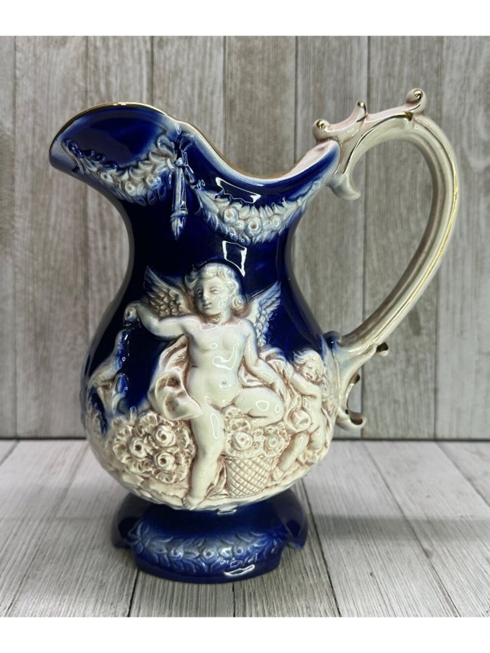 Vtg Colbalt Blue Cherub Porcelain Pitcher Gold Accent Trim Handle Italy 9" Tall